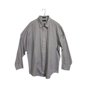 Chaps Button Down Shirt Mens 18-18.5 34/35 Blue Tan Striped Classic Fit Twill